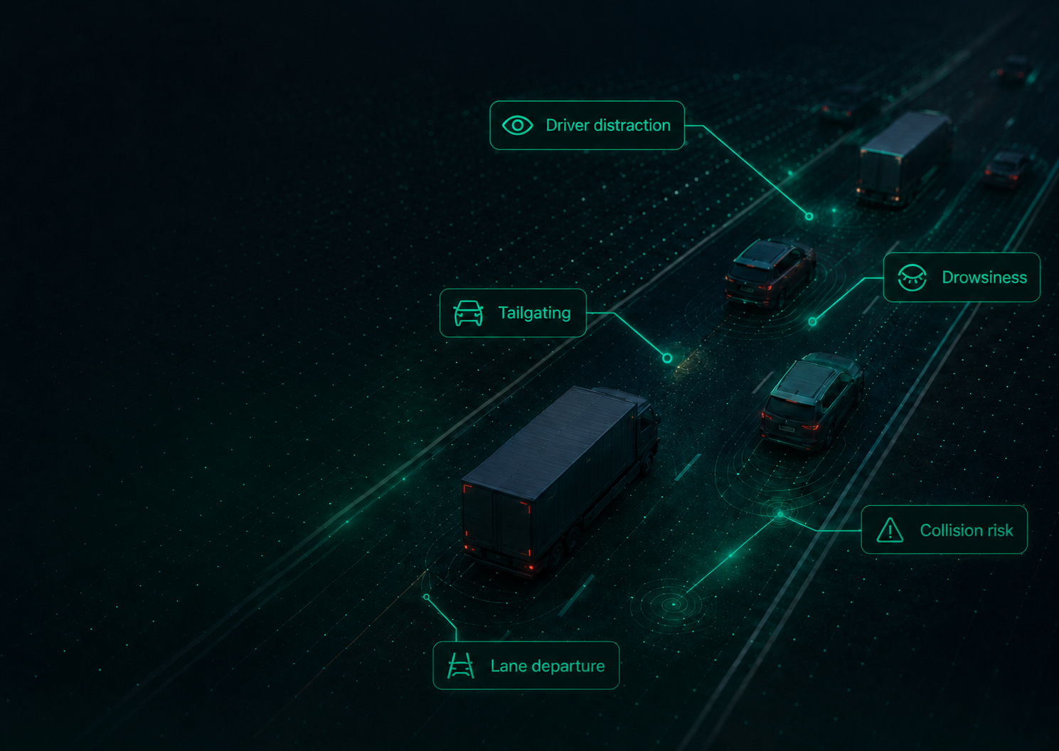 Fleet vehicles on highway annotated with risk callouts: driver distraction, tailgating, drowsiness, collision risk, and lane departure